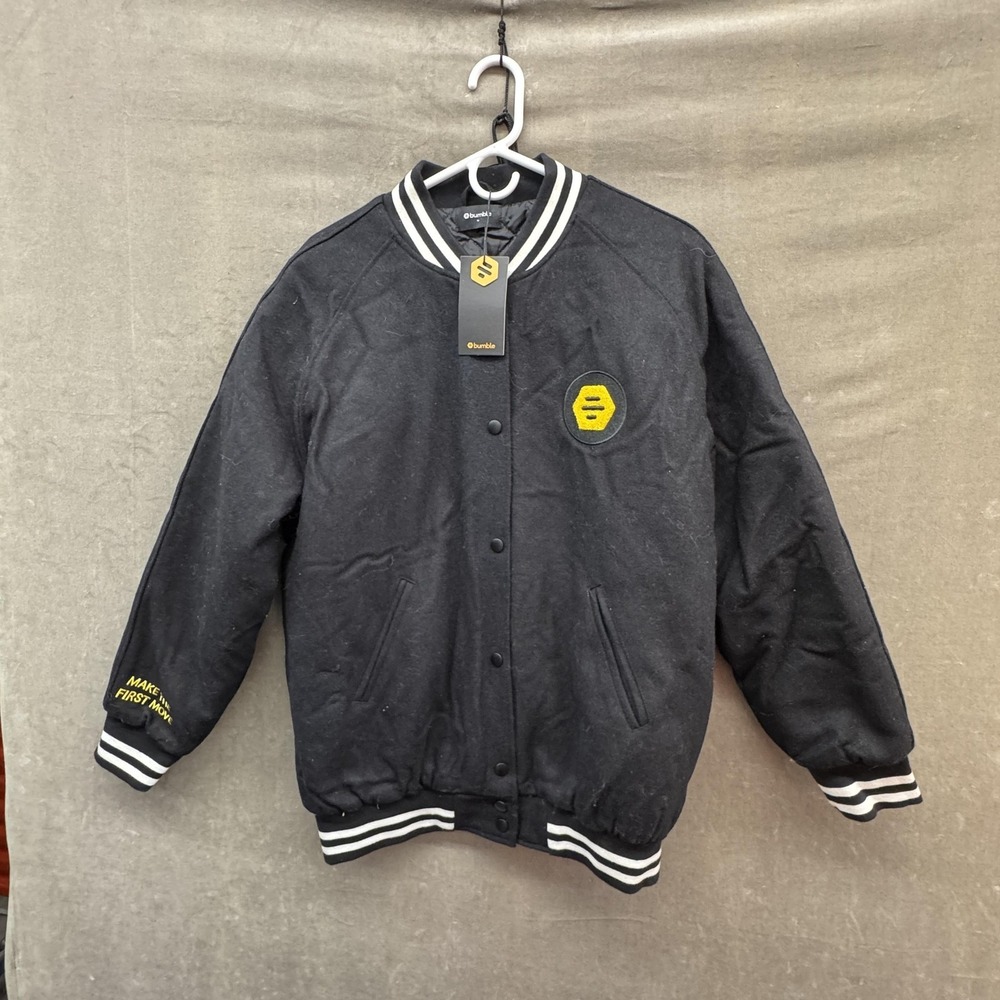 Bumble Jacket Mens Medium Black Varsity Letterman Quilted Snap Button Bomber